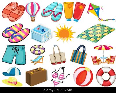 Large set of different summer objects on white background illustration Stock Vector