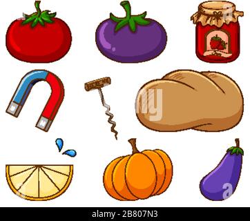 Large set of different food and other items on white background illustration Stock Vector