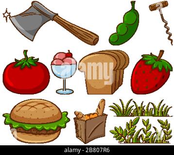 Large set of different food and other items on white background illustration Stock Vector