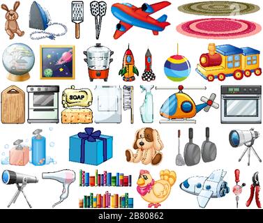 https://l450v.alamy.com/450v/2b80862/large-set-of-household-items-and-toys-on-white-background-illustration-2b80862.jpg