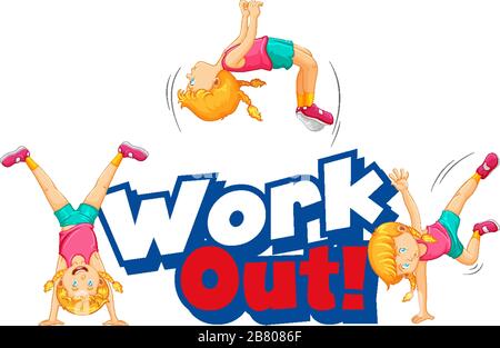 Font design for word work out with kid doing exercise illustration Stock Vector