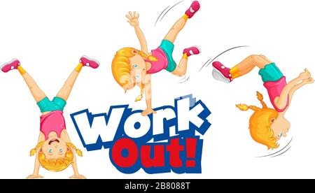 Font design for word work out with girl doing exercise illustration Stock Vector