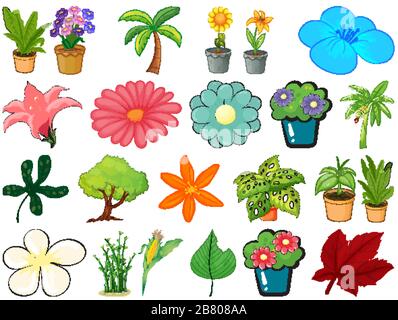 Large set of different gardening objects on white background illustration Stock Vector