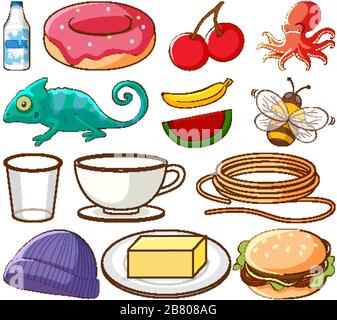 Large set of different food and other items on white background illustration Stock Vector