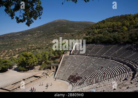 Ancient Theatre of Epidaurus. Peleponese peninsula. Egean Sea, Mediterranean. Greece (Hellas), Europe. Stock Photo