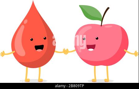 Cute cartoon blood drop with smiling apple fruit character. Vector healthy eating food and circulation concept flat illustration Stock Vector