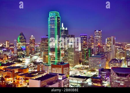 Aerial View of Downtown Dallas (Skyline) After Sunset - Dallas, Texas, USA Stock Photo