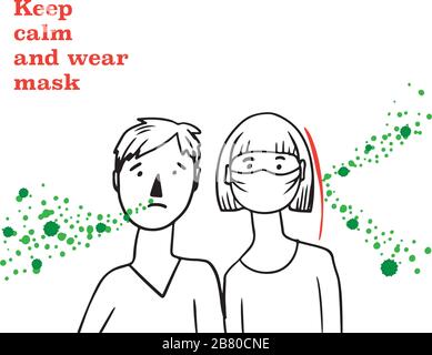 Sign keep calm and wear mask caution coronavirus 2019-nC0V outbreak. Stop pandemic COVID-19 microbe. The virus attacks the respiratory tract, infections medical health risk. Flat cartoon style Stock Vector