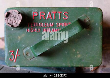 Close up of the top of a Pratt's Vintage Petrol Can marked highly inflammable Stock Photo