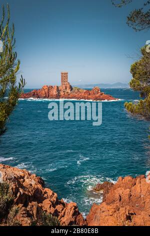 Ile d'Or island, Golden island with medieval square tower near the cap Dramont, St.Raphael, French Riviera, Var, Provence-Alpes-Côte d’Azur, France Stock Photo