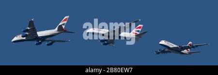 Composite image sequence of British Airways Airbus A380 G-XLEJ on approach to London Heathrow airport March 2020 against blue sky Stock Photo