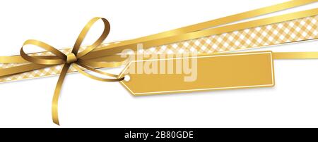 EPS 10 vector illustration of gold colored ribbon bow and gift band with pendant isolated on white background Stock Vector
