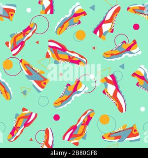 Seamless pattern. Set of colorful bright yellow pink blue orange sneakers, triangles and circles. Vector flat illustration. Stock Vector