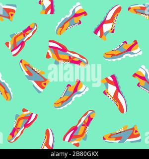 Seamless pattern. Set of colorful yellow pink blue orange sneakers. Vector flat illustration. Simple illustration of fitness and sport, gym shoes Stock Vector