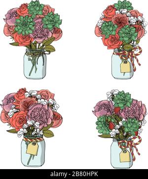 Hand drawn doodle style bouquets of different flowers isolated Stock Vector
