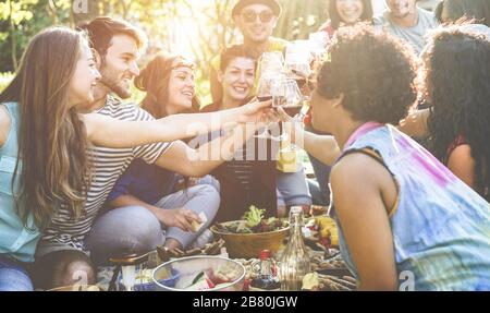 Happy friends cheering with red wine at picnic barbecue outdoor - Young people having fun while drinking and eating - Focus on close-up hands glasses Stock Photo