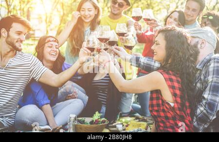Group of friends enjoying picnic while drinking red wine and eating outdoor - Young people cheering and having fun together - Summer, friendship and y Stock Photo