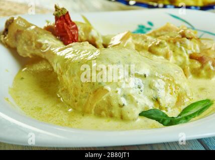 Kukul mas curry, Sri Lankan Chicken Curry, Sri Lankan   cuisine, Traditional assorted  dishes, Top view. Stock Photo