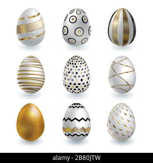 White gold Easter eggs with lace patterns on white background. Vector set for holiday Easter card Stock Vector