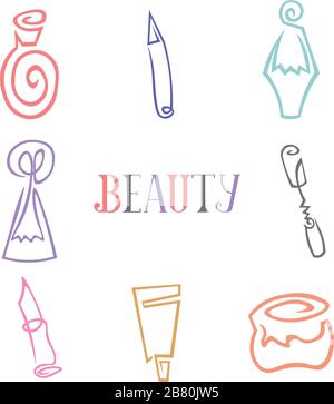 Set of icons in one line. Cosmetics and hygiene. Beauty shop. Salon. Lettering. Stock Vector