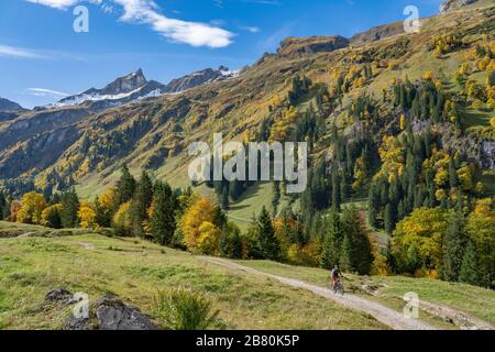 active senior woman riding her electric mountain bike in the autumnal atmosphere of the Allgau mountains near Hindeland, Bavaria, Germany Stock Photo