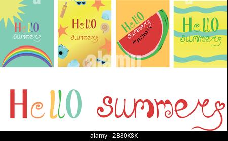 Set of summer cards, flyers. Hello summer. Lettering, calligraphy. Fruit, sea and relaxation. Blue and yellow design. Stock Vector