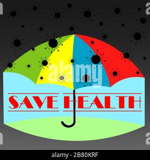 minimal logo of the coronavirus pandemic with an umbrella and falling rain from the virus Stock Vector
