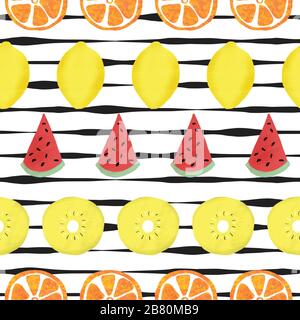 Lemon orange watermelon and kiwi slices seamless vector pattern. Abstract hand painted summer fruits on a black and white striped background.  Stock Vector
