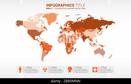 Coronavirus spread world map, covid 19 infographics with icons and symbols, coronavirus affected nations in different colors. Flat Earth, map template Stock Vector