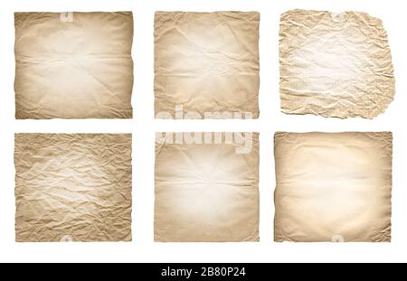 Aged and worn paper set. Old paper sheets isolated on white. Stock Photo