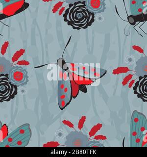 Six spot burnet butterfly seamless vector pattern background. Day flying moth with bouquet of scabious flower design. Slate blue and red insect floral Stock Vector