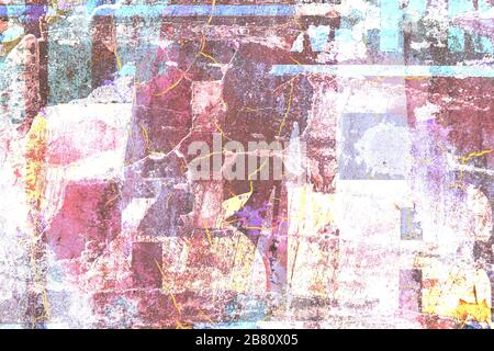 Surface texture with colorful and pastel-like paint on a metallic surface structure with cracks and scratches. For abstract backgrounds. Germany Stock Photo