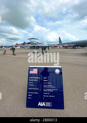 Singapore - Feb 12, 2020. US Air Force General UAV Atomics MQ-9 Reaper standing for display in Changi, Singapore. Stock Photo