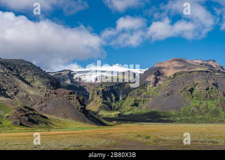 obvious glacier melting due to global warming at Vatnajokull glacier with Skaftafell glacier tongue in Iceland, landscape photography Stock Photo