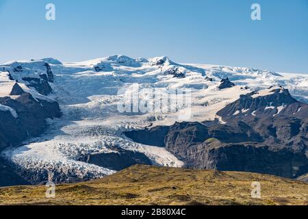 obvious glacier melting due to global warming at Vatnajokull glacier with Skaftafell glacier tongue in Iceland Stock Photo