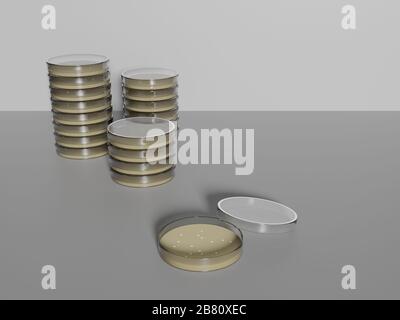 Petri dishes stacked and one opened with colonies. 3D design. Laboratory and research concept. Stock Photo