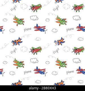 cartoon colored planes with eyes for children. seamless vector pattern of planes, on a white isolated background, for fabric, packaging paper, backgro Stock Vector