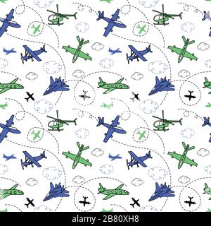 seamless vector pattern aircraft and helicopter, colored on white background isolated, for fabric, packaging paper, background. Stock Vector
