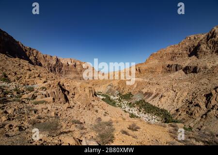 Inside the narrow canyon of Wadi Tiwi at Shab near Mascat in Oman Stock Photo