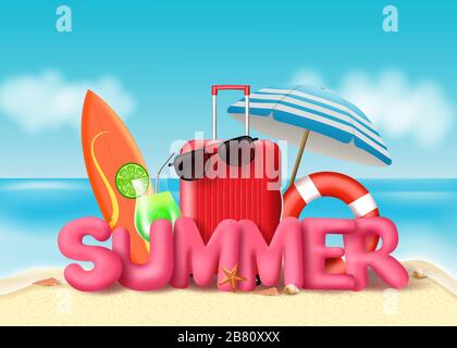 Summer vector banner design. Summer pink 3d text with beach elements like luggage, sunglasses, surf board, lifebuoy, umbrella, and sea shell in beach. Stock Vector