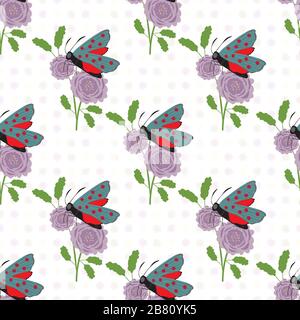 Six spot burnet butterfly seamless vector pattern background. Illustration of day flying moth with bouquet of scabious flower. Scottish insect Stock Vector