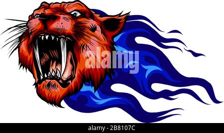 Head of roaring tiger in tongues of flame. Angry wild big cat. Front view. Stock Vector