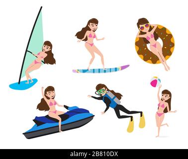 Summer activity woman characters vector set.  Female character in summer water sport adventure like jet skiing, surfing, scuba diving and water. Stock Vector