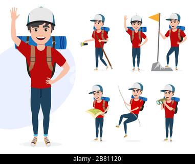 Male mountain climber vector character set. Hiker man character in different summer hiking activities like rope climbing, telescoping, walking. Stock Vector
