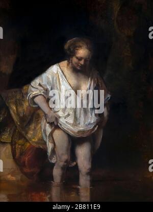 Woman bathing in a Stream, Hendrickje Stoffels?, Rembrandt, 1654, Stock Photo