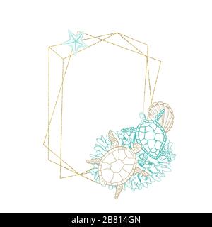 Seashell and marine algae package label, vector modern premium golden frame design. Ocean seashell and sea minerals product, corals and starfish in gold foil circle wreath Stock Vector