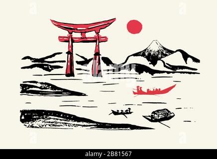 Japan Fuji mountain and red Torii gate, vector ink brush calligraphy panorama background. Japanese Fuji mount and sun over river with fisher boat silhouette, ink paint brush hand drawn graphic scenery Stock Vector