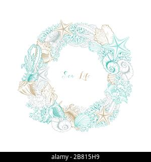 Seashells isolated vector round wreath. Marine algae and corals golden art line design for cosmetics package, wedding cards. Ocean sea shell, minerals label template. Gold foil circle wreath Stock Vector