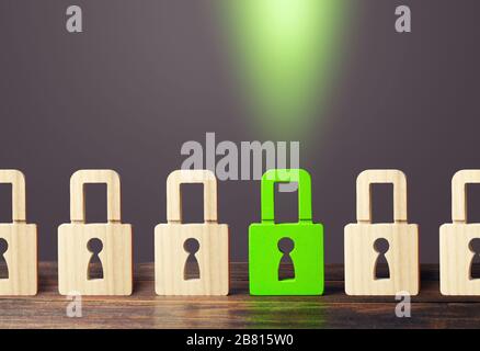 A green padlock stands out from others. Safety of personal data, privacy of users. NSFW. Virus, antivirus. Protecting information and avoiding unautho Stock Photo