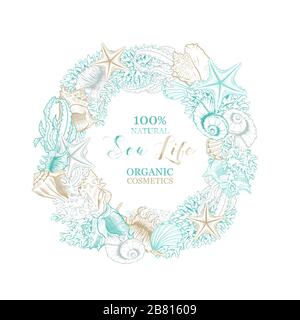 Seashells isolated vector round wreath. Marine algae and corals golden art line design for cosmetics package, wedding cards. Ocean sea shell, minerals label template. Gold foil circle wreath Stock Vector